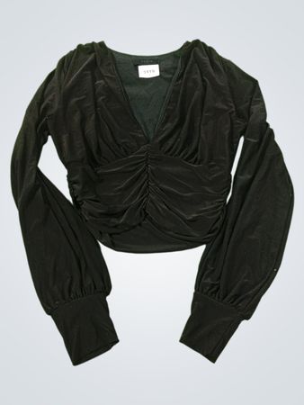 SAINTS Schwarzes gerafftes V-Ausschnitt Langarm-Cropped-Top