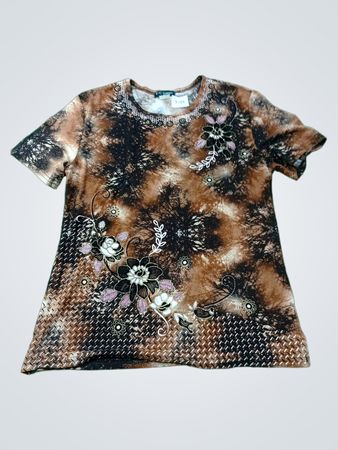 T-C FASHION Damen Größe M 100% Polyester braunes T-Shirt mit Blumenmuster