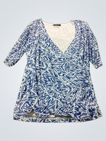 Cable & Gauge Damen Top mit V-Ausschnitt und Raffung in Blau-Weiß mit Print