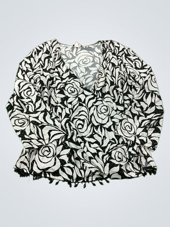 Schwarz-weißes Blumenmuster-Oberteil mit Perlenbesatz