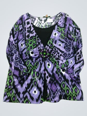 Notations Damenoberteil mit lila-grün-schwarzem Ikat-Muster und Verzierungen