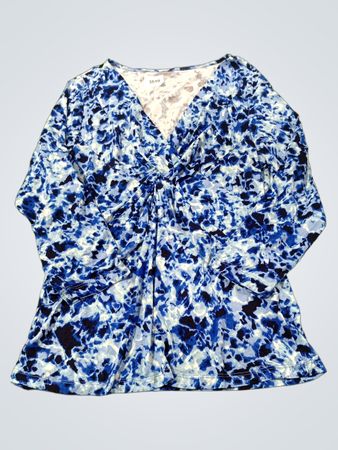 Blaues Batikmuster gedrehtes V-Ausschnitt-Oberteil mit langen Ärmeln