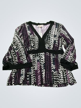 Susan Lawrence Damen XL schwarzes-lila-weißes gemustertes V-Ausschnitt Langarm-Oberteil