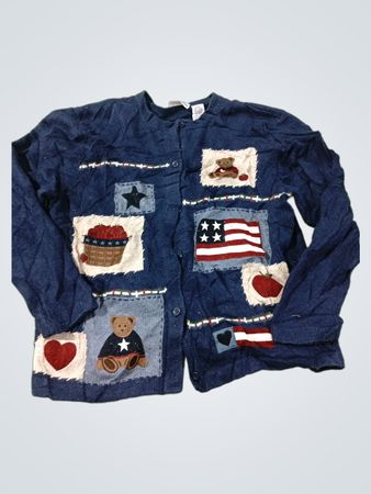 Croft & Barrow Blaue bestickte amerikanische Flagge und Teddybär Strickjacke