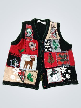 VICTORIA JONES Damen-Ugly-Christmas-Weste mit Rentier-, Schneemann- und Stechpalmen-Patches