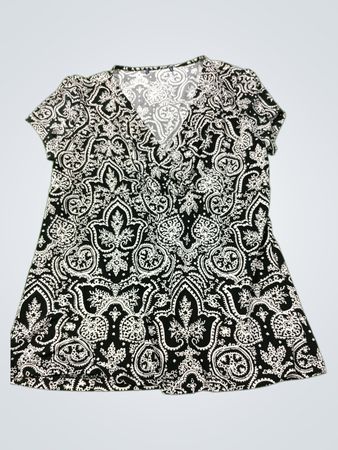 Schwarz-weißes Paisley-Muster V-Ausschnitt Kurzarm-Oberteil