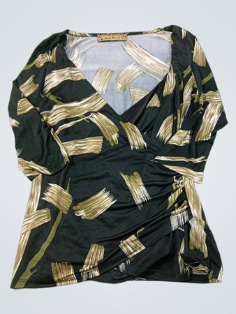 Ashley Stewart Black Pinselstrichmuster gerafftes V-Ausschnitt-Oberteil