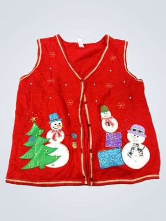 Rote Weihnachtsweste mit Schneemann- und Weihnachtsbaum-Applikationen