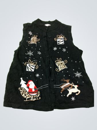 Weihnachtsweste mit Weihnachtsmann, Schlitten und Rentier