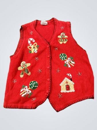 Rote Weihnachtsweste mit Applikationen: Lebkuchenmann, Zuckerstange und Lebkuchenhaus