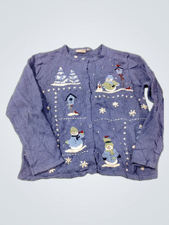 Croft & Barrow Damen Strickjacke mit blauem Schneemann-Stickmuster