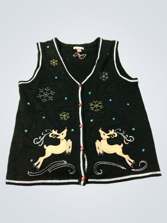 White Stag Women's Schwarze Rentier-Schneeflocken-Hässliche Weihnachts-Pullunder-Weste
