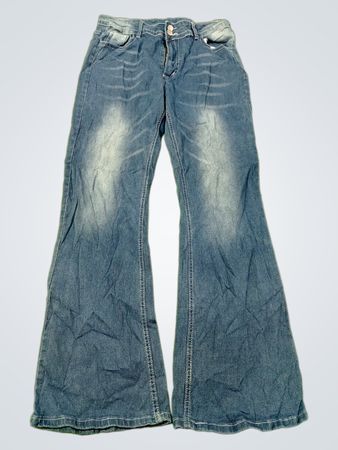 Blaue Flare-Jeans mit bestickten Flügeln auf den Gesäßtaschen