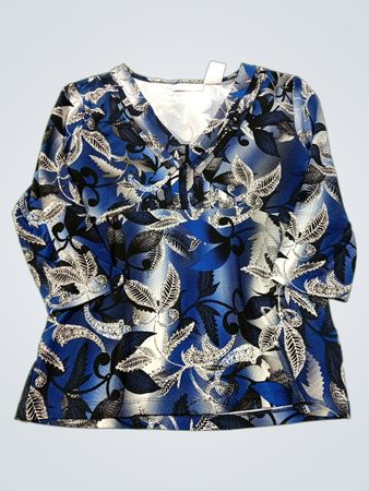 Worthington Petite Stretch Blau mit Blumenmuster V-Ausschnitt 3/4-Arm Oberteil