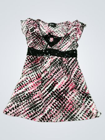 B Wear Girl Pink Schwarz Weiß abstrakter Druck Kurzarm-Oberteil mit schwarzem Gürtel
