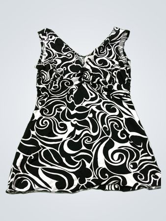 MKM DESIGNS Damen ärmelloses Kleid mit schwarz-weißem Wirbelmuster