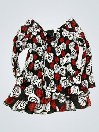 NEW DIRECTIONS Black Red White Rose Print Plissierte Rüschenbluse