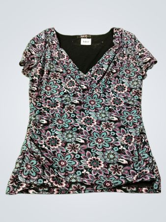 Style & Co. Damen Kurzarm-Oberteil mit floralem Print, gerafftem V-Ausschnitt
