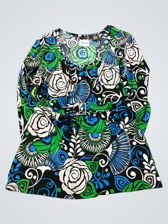 East 5th Damen Oberteil mit langen Ärmeln, Blumenmuster in Schwarz-Blau-Grün und Taillengürtel
