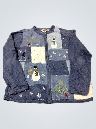 Croft & Barrow Damen Blue Patchwork Snowman Christmas Cardigan Pullover L