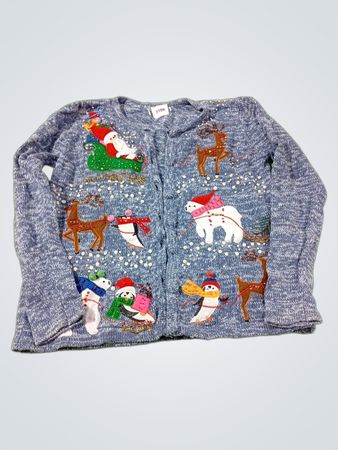 Blauer Weihnachtsstrickjacke mit Weihnachtsmann, Pinguinen und Rentieren
