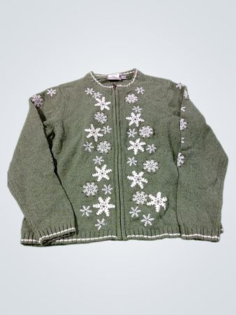 Croft & Barrow Green Snowflake mit Verzierungen verzippbarer Cardigan