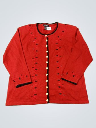 Monpateil Damen-Cardigan in Rot mit schwarzem Besatz und goldenen Knöpfen