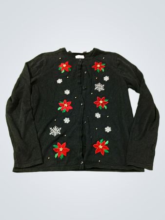 Croft & Barrow Schwarzer Poinsettia-Schneeflocken-Weihnachtscardigan-Pullover