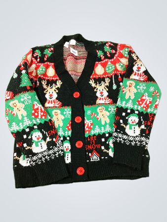 Weihnachtspullover mit Schneemännern, Rentieren und Lebkuchenmännchen