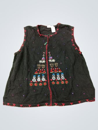 Schwarze ärmellose Weihnachtsstrickweste mit Schneemann- und Baumverzierungen