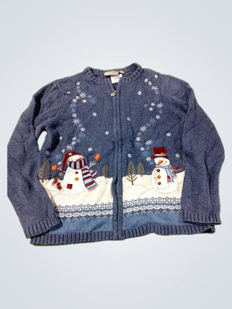 Croft & Barrow Blue Snowman bestickter Reißverschluss-Pullover