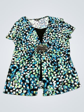 ELEMENTZ Women's Black Blue Green Abstract Print Short Sleeve Top with Brooch