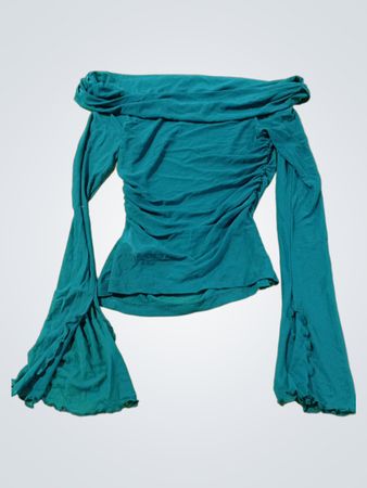 Türkisfarbenes, schulterfreies, gerafftes Langarm-Top