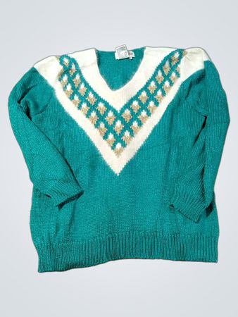 Franco Valeri Teal- und Weiß-V-Ausschnitt-Pullover mit goldenen Akzenten