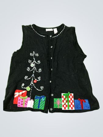 Kim Rogers Women's Schwarze Weihnachtsbaum- und Geschenke-Button-Front-Strickweste