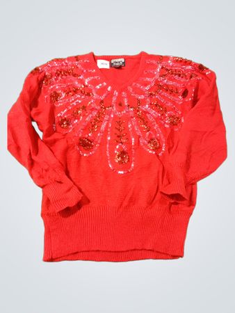 BUBBLES INTERNATIONAL Roter Pailletten-Schmetterling-V-Ausschnitt-Pullover