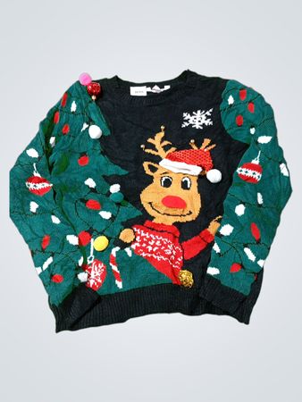 Hässiger Weihnachtspullover mit Rentier- und Weihnachtsbaum-Design
