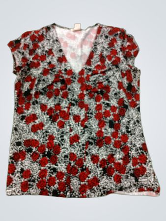SUSAN LAWRENCE Damen Rotes Blumendruck V-Ausschnitt Kurzarm-Oberteil