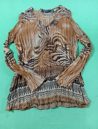 Damen-Braunes Tunika-Oberteil mit Animal-Print und Verzierungen
