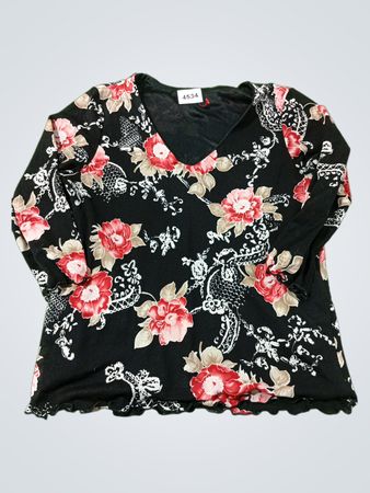 Schwarzes, floral bedrucktes V-Ausschnitt-Oberteil mit langen Ärmeln und gezacktem Saum