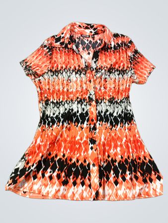 APT.9 Damen Bluse mit orange-schwarz-weißem Diamantmuster, plissiert, kurze Ärmel, Knopfleiste
