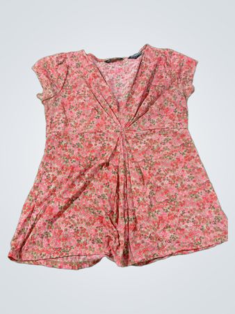 Damen-Oberteil mit Blumenmuster, V-Ausschnitt, gedrehtem Vorderteil und kurzen Ärmeln