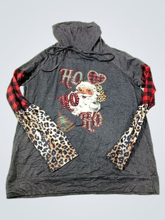 Grauer Weihnachts-Hoodie mit Weihnachtsmann-Grafik und karierten Ärmeln