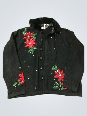 Victoria Jones schwarzer Cardigan mit Weihnachtsstern-Verzierungen