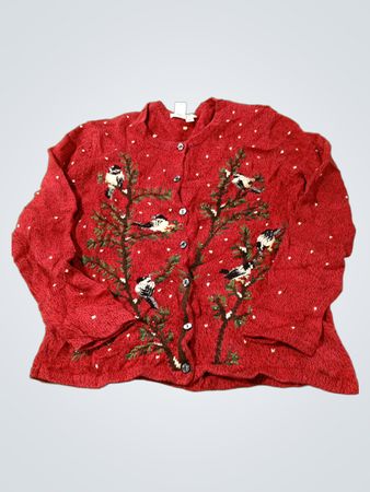 Coldwater Creek Roter Vogel- und Herzmuster-Cardigan