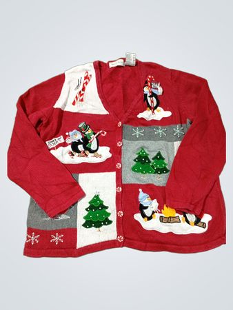 Damen-Roter Weihnachts-Pinguin- & Ski-Cardigan-Pullover