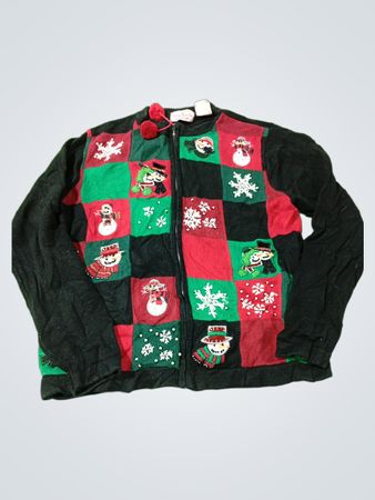 Basic Editions Weihnachts-Schneemann- und Schneeflocken-Patchwork-Reißverschluss-Pullover