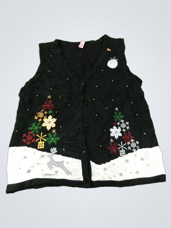 Schwarze ärmellose Weihnachts-Pulloverweste mit Schneeszene und Rentieren