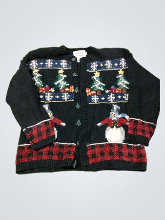 Talbots handgestrickter Weihnachts-Pullover mit Schneemann und Tannenbaum