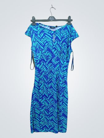 APT.9 Blaues und grünes Kleid mit geometrischem Muster